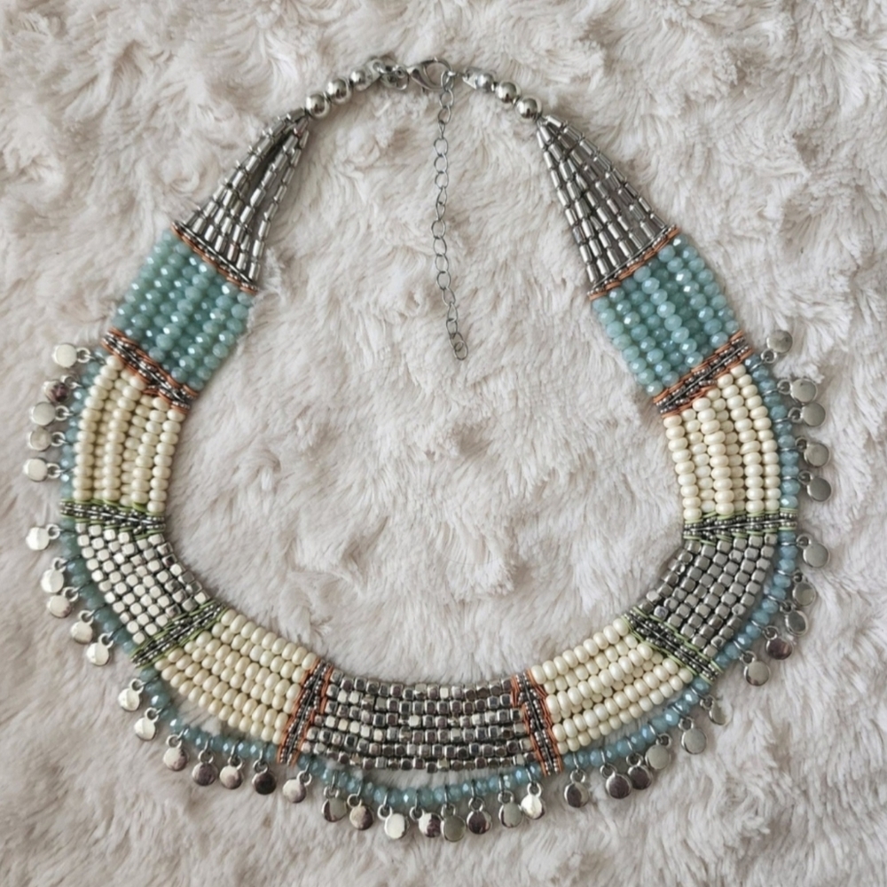 CHARMING CHARLIE C Exquisite Aqua Pearl Silver Beaded 16" Choker Necklace EXC
